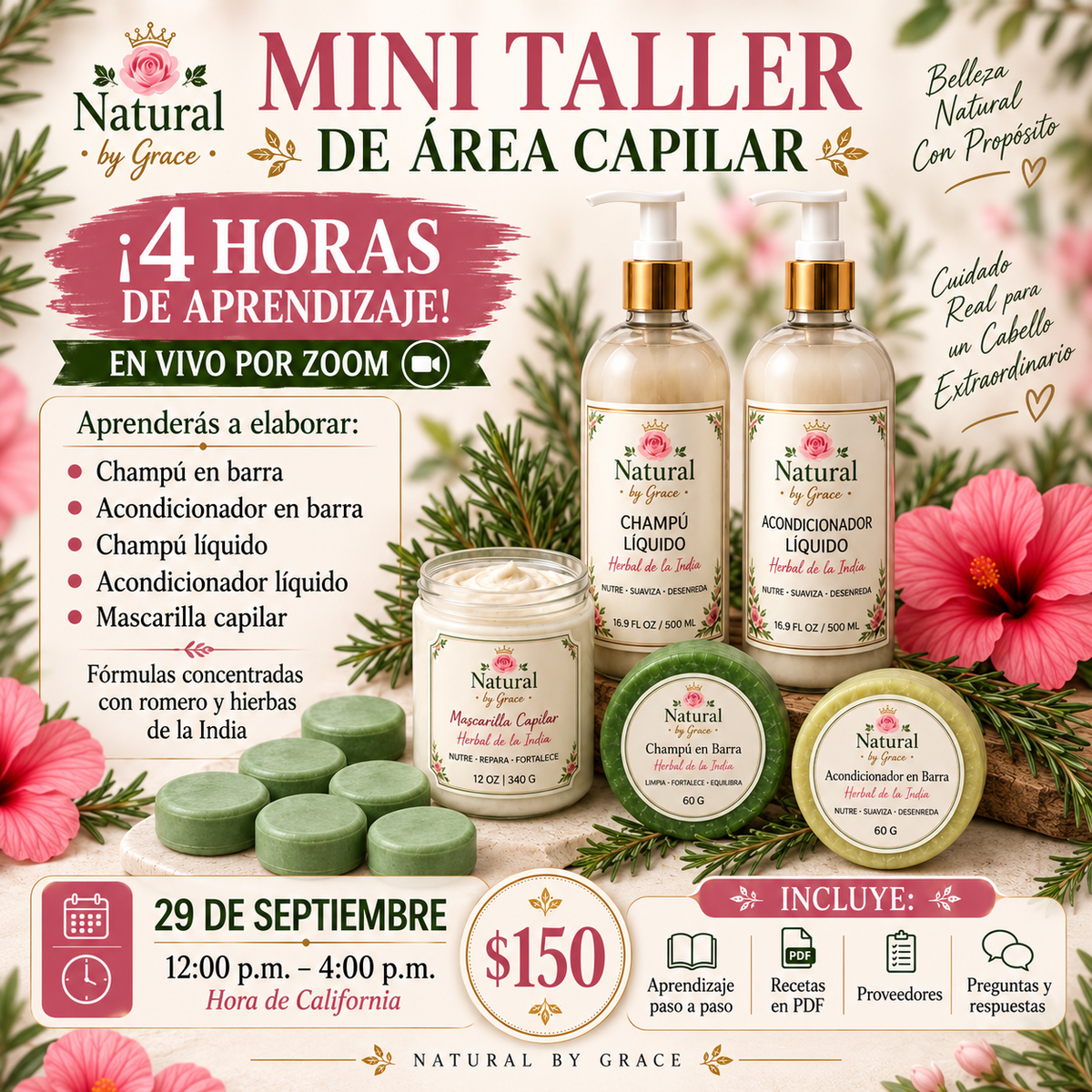 MARTES SEPTIEMBRE 19TH  12:00PM -4:00 PM CLASE MINI TALLER DE ÁREA CAPILAR